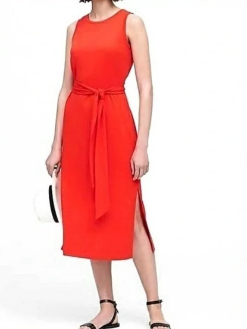 BANANA REPUBLIC Red Soft Knit Midi Tank Dress Tie Waist Side Slits Stretch XS